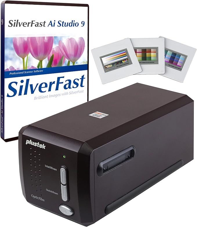 Plustek OpticFilm 8300i Ai Film Scanner - Converts 35mm Film & Slide into Digital, Bundle SilverFast Ai Studio 9 + QuickScan Plus, Include Advanced IT8 Calibration Target (3 Slide)