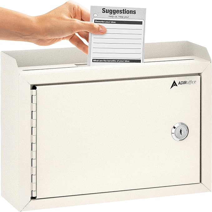 Adir Suggestion Box with Slot and Lock - Money Drop Box with Lock, Cash Dropbox - 9.8x7.5x3.4 Inches Wall Mount Donation Box - Metal Deposit Box in White