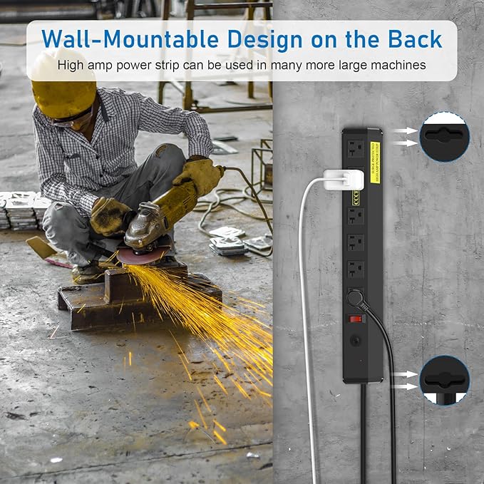 CCCEI Heavy Duty Power Strip Surge Protector 20 Amp, High Amp Industrial Shop Garage Metal Multiple Outlets, 6 FT 12 Gauge 5-15P Extension Cord 6 Outlet 6-20R T-Slot 20a for Appliance. Black.