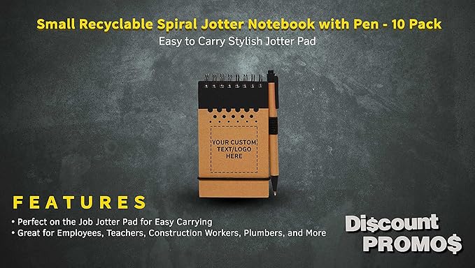 DISCOUNT PROMOS 10 Recyclable Spiral Small Notebooks Pack - Customizable Text, Logo - 60 Lined Pages - Black