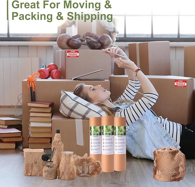 Neworld Honeycomb Packing Paper,15" x 800' Eco Friendly Bubble Cushioning Wrap for Moving,Products & Gifts Wrapping Paper,Recyclable Cushioning Packing Material With 20 Fragile Sticker Labels