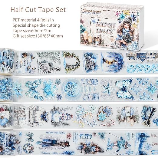 Snycler Pre-Cut Blue Snowflake Themed PET Washi Tapes - Vintage Aesthetic Tape Stickers for Journaling, Scrapbooking, Junk Journals, Crafts, Planners - 4 Rolls