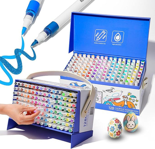 ROSYMENG Acrylic Paint Markers, 120 Colors + 8 Metal Colors - Large Ink Capacity, High Coverage with Brush Tip Acrylic Paint Pens, Suitable for Wood, Glass, Rock, and Fabric - Student School Supplies