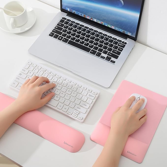 UnivoColors Design-Wave Set of Keyboad Wrist Rest & Mouce Pad,Artificial Sheepskin+Memory Foam+Ergonomic+Anti-Slip Gel, Resilience Support During Work and Gaming,Keyboard Accessory,Pink,N