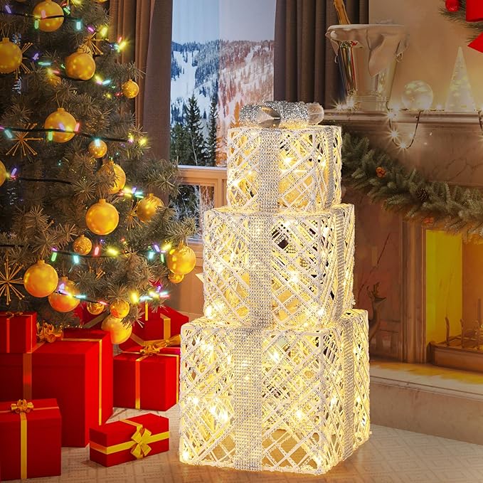 Tangkula Set of 3 Lighted Box, Pre-Lit Festive Boxes w/ 50 LED Lights, Detachable Bows & Sparkling Crystals, Indoor Outdoor Rope-Woven Present Boxes for Yard, Home