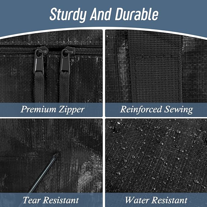 6 Pack Extra Heavy Duty Large Moving Bags with Strong Zipper & Comfortable Handles, Sturdy & Durable Clothes Storage Bags Totes Bins, Packing Moving Boxes for College Supplies, Black