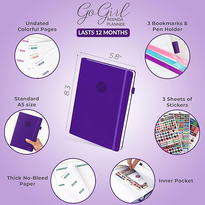 GoGirl Planner Agenda – Colorful Undated Monthly & Weekly Organizer for Women, Journal for Time Management & Productivity (Purple)