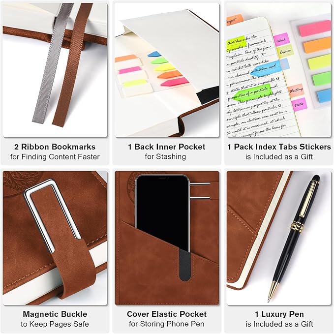 Lined Notebook Journal for Men Women, 365 Pages Numbered College Ruled Notebook, Hardcover Leather Journal with Pen & Gift Box, Thick Daily Diary, Professional Notebooks for Work, School, Business, A5