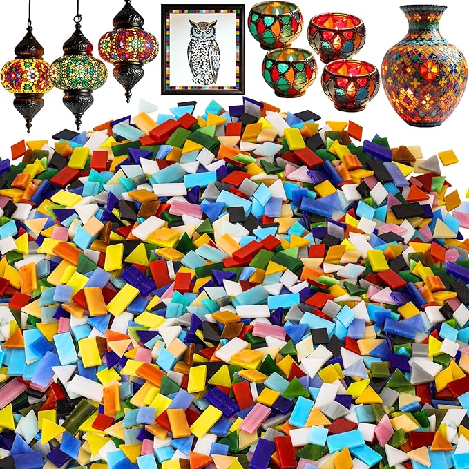 1600 Pcs Mosaic Tiles, Glass Mosaic Tiles for Crafts Bulk, Assorted Color Stained Mosaic Glass Pieces, Mosaic Supplies for Home Decoration, Art Crafts, DIY Projects, Opaque