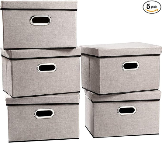 PRANDOM Foldable Storage Bin with Lid [5-Pack] Linen Fabric Decorative Storage Box Organizer Container Basket Cube with Handles Divider for Closet Office Living Room Light Grey(14.9x9.8x9.8)