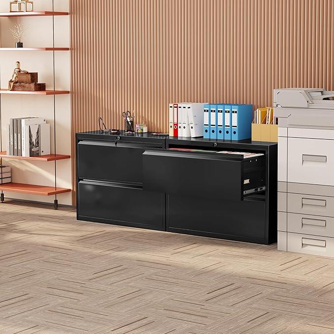 INTERGREAT Lateral File Cabinet 2 Drawer, Black Metal File Cabinets for Home Office, Locking File Cabinet for Letter/Legal/F4/A4 Size Hanging Files, Easy Assembly