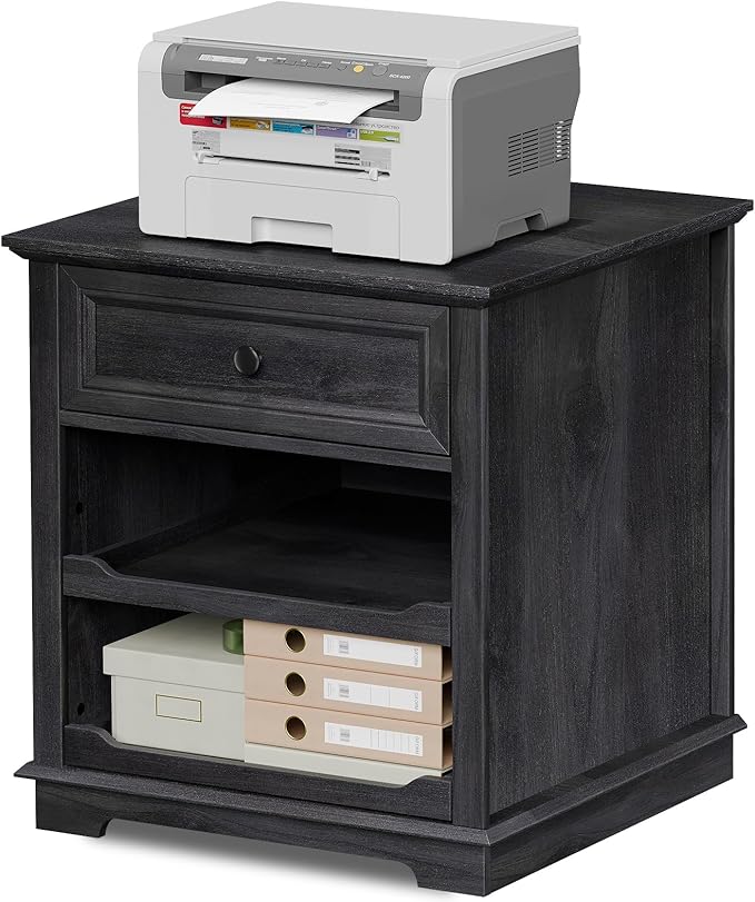 Lateral File Cabinet 3 Drawer File Cabinet with Charging Station, Printer Stand with Open Adjustable Storage Shelves, Lateral Filing Cabinet for Home Office, Black