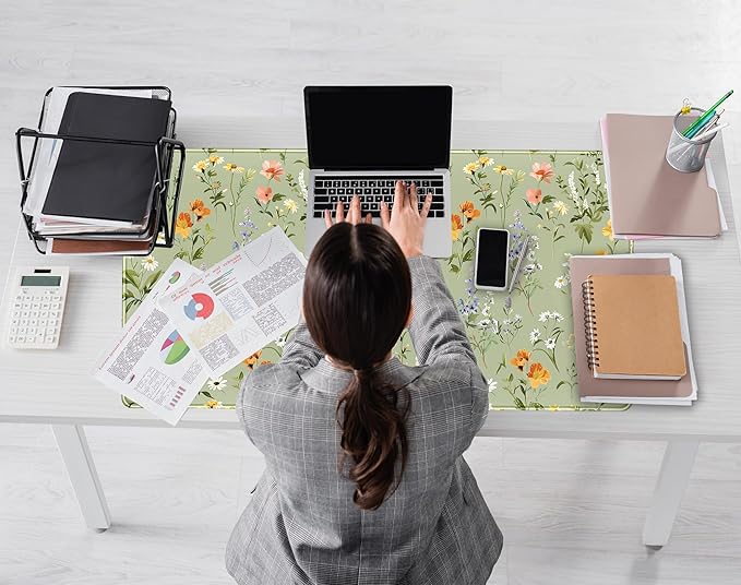 Cute Green Large Gaming Mouse Pad XXL Mousepad Sage Desk Mat with Stitched Edges, Aesthetic Computer Laptop Keyboard and Mouse Mat, Flower Plant Non-Slip Rubber Base Desk Pad 31.5x15.75 in