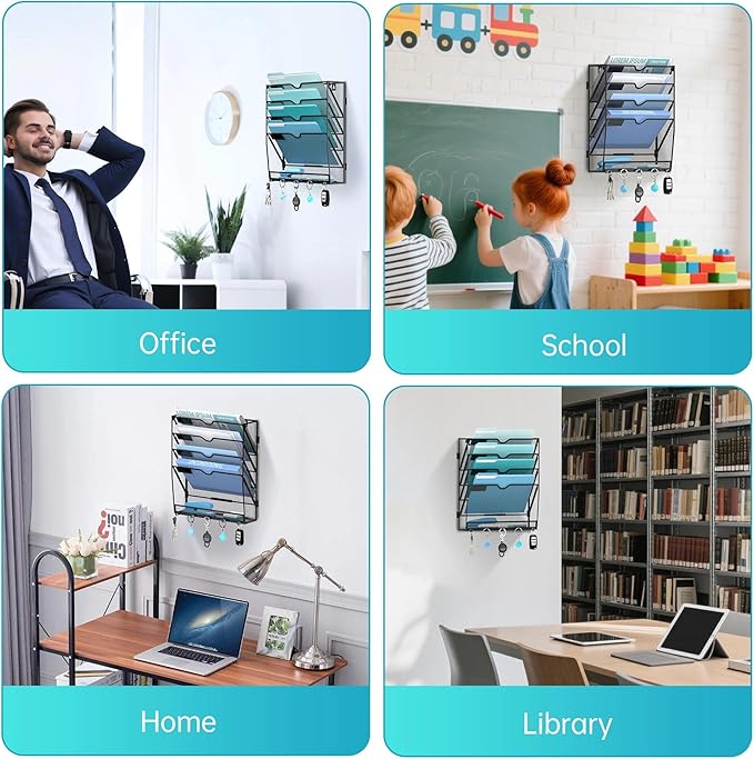 Wall File Organizer with 5 Hooks 5 Tier Hanging File Organizer, Vertical Wall Mount Mail Organizer for Papers, Folders, Magazines, Bills, Office&School Organization, Black