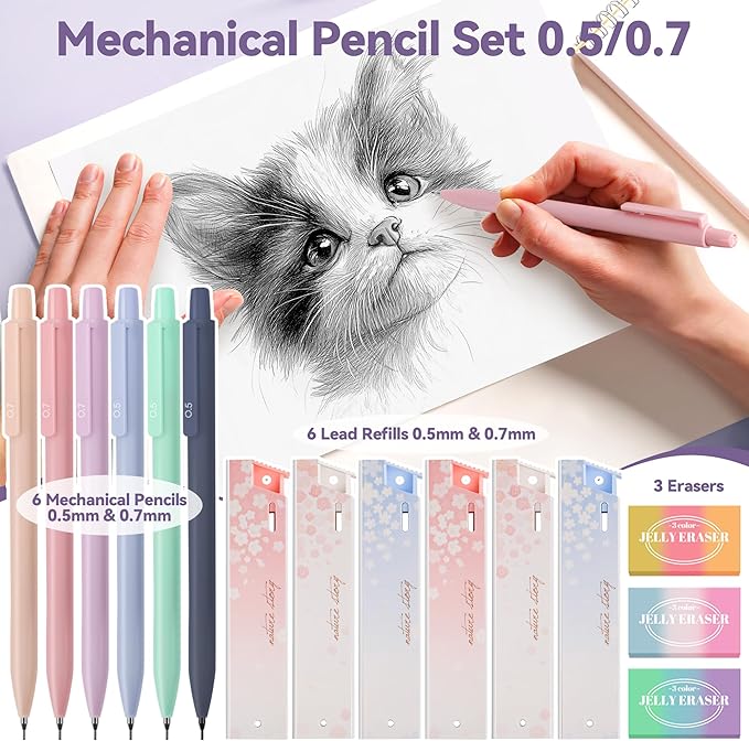 61 PCS Aesthetic School Supplies with Cute Pen Case, Pastel Highlighters, Gel & Erasable Pens, Mechanical Pencils, Refills, Complete Essentials Stationery Kit for Students (Purple)