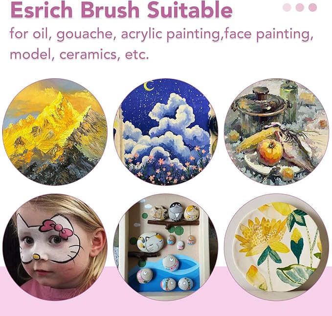 ESRICH Paint Brush Set,6 Packs 60 Pcs Nylon Hair Paint Brushes for Acrylic Painting,Artist Paintbrushes for Acrylic,Oil,Watercolor Painting,Face Nail Art,Paint Brushes for Kids, Pink