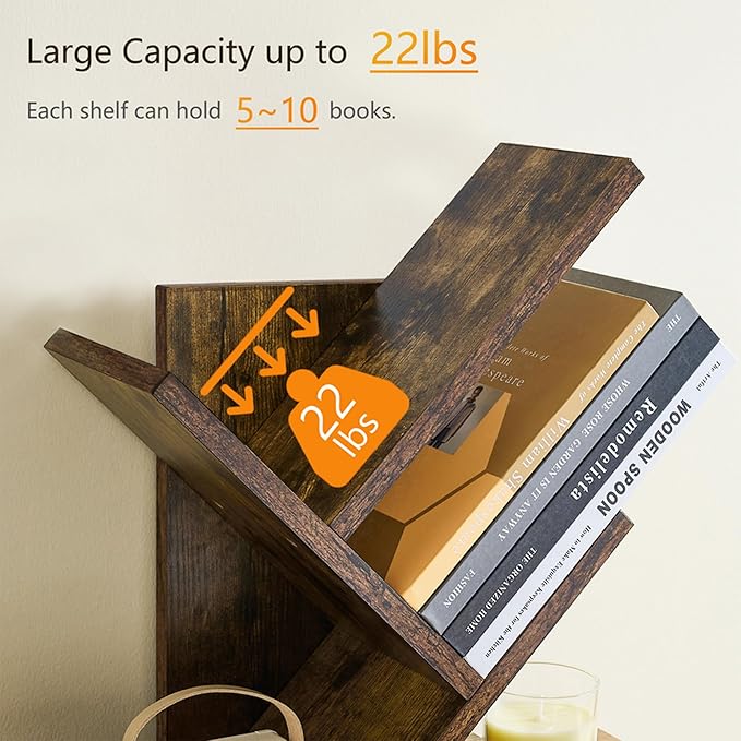 Tajsoon Tree Bookshelf 3 Tier Book Shelves Storage Organizer, Desktop Bookshelf Floor Standing Bookcase Display for Magazine/Books, Small Tree Bookshelf for Bedroom, Living Room Office, Rustic Brown