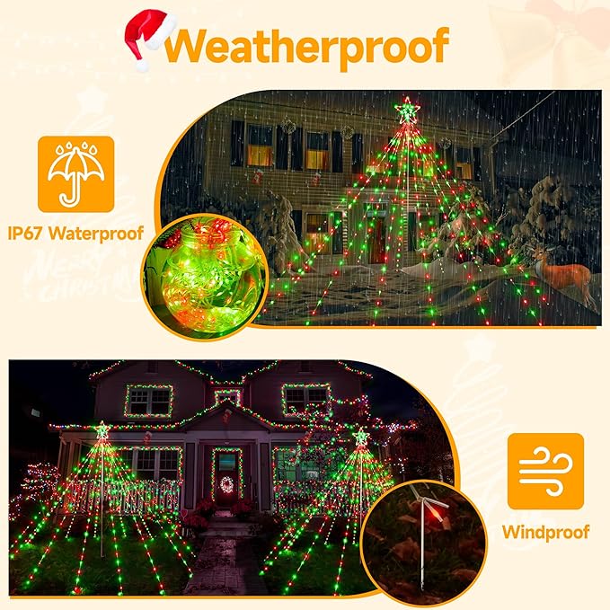 Ollny Christmas Lights Tree Red&Green 340LED with Topper Star, IP67 Waterproof Remote Control Waterfall Lights with Pole, 16 Lighting Modes Timer Dimmable Light Decorations Outdoor Yard Garden Lawn