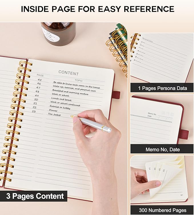 Large Spiral Notebook Journal for Women Men - 300 Numbered Lined Pages, College Ruled, A4 Hardcover Spiral Bound Notebook for School, Work, Note Taking, Writing, Leather Spiral Journal 8.5"x11"