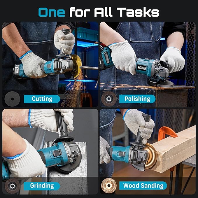 SEESII Cordless Angle Grinder 4-1/2 Inch, 21V Brushless Battery Grinder Tool with 2X 4.0Ah Batteries, 10000RPM for Metal Cutting, Grinding, Polishing, Rust Removal (Blue)