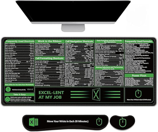 AIMSA Excel Shortcuts Cheat Sheet Mouse Pad, Large Keyboard Shortcut Keys Desk Mat+ Mouse Pad with Wrist Rest+ Keyboard Wrist Rest Support+ Coaster, Ergonomic Multifunctional Mousepad