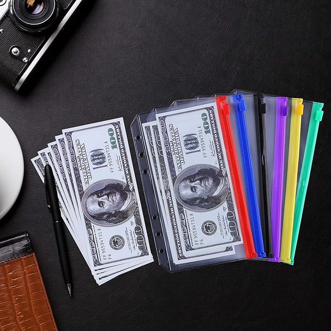 Antner 12PCS A6 Binder Pockets 6-Hole Budget Cash Envelopes Multicolor Zipper Money Organizer for Cash Stuffing, Waterproof PVC A6 Planner Inserts Binder Pouches Loose Leaf Document Storage Bags