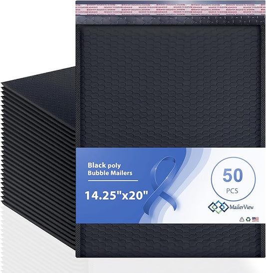 Black Extra Large Poly Bubble Mailers 14.25x20 inch #7 | Self Seal Large Padded Envelopes | Air Cushioned Bubble Mailer | Usable Size 14.25x19 Lightweight Mailing Shipping Bags| 50 Pack Bulk |USA Made