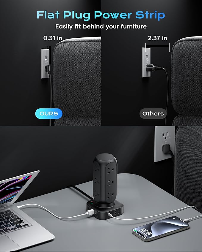 Tower Surge Protector Power Strip,12 AC Outlets & 8 USB Ports, Flat Plug 5FT Extension Cord with Multiple Outlets, 24W Outlet Extender Overload Protection for Home Office Room