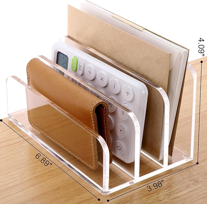 SANRUI Acrylic Mail File Organizer Sorters for Desk, 3 Upright Compartments Laddered Clear Desktop Vertical Letter Holder, Multifunction Envelope Folder Racks Holders for Office,Home, School