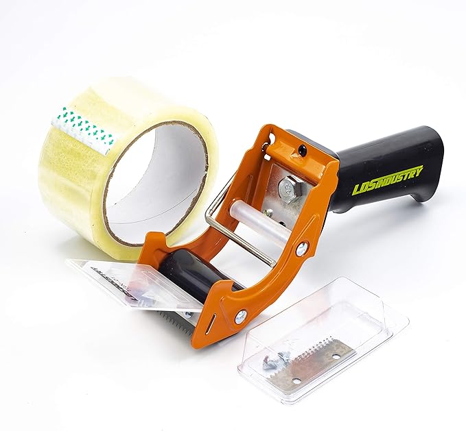 Rapid-Replace Packing Tape Dispenser Gun with Extra Blade by LDS Industry, 2 in (50mm) Lightweight Ergonomic Industrial Handheld Heavy Duty Tape Cutter for Carton, Packaging and Box Sealing, Orange