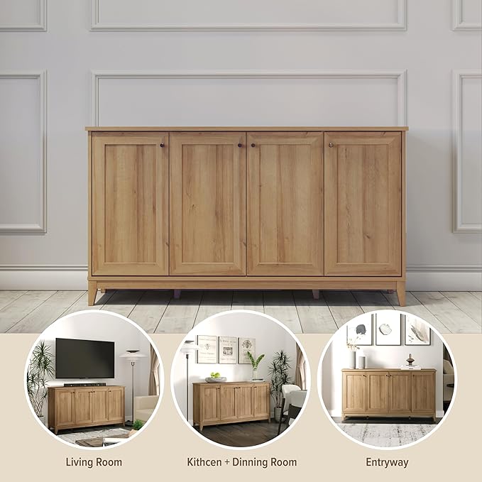 Prepac Yaletown 4 Panel Door Console Table with Storage, Oak Storage Cabinet with Doors and Shelves, Sideboard Storage Cabinet 60" W x 32" H x 16" D, OCBG-2220-1