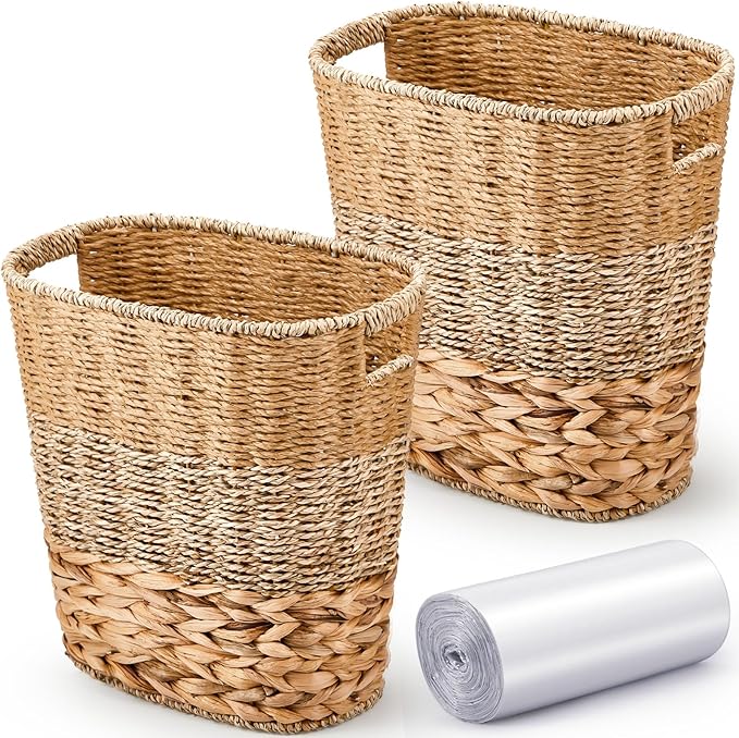 2 Pcs Wicker Trash Can with 50 Small Trash Bag Wicker Waste Woven Basket with Handles Clear Multi Use Garbage Bags for Bathroom Kitchen Bedroom