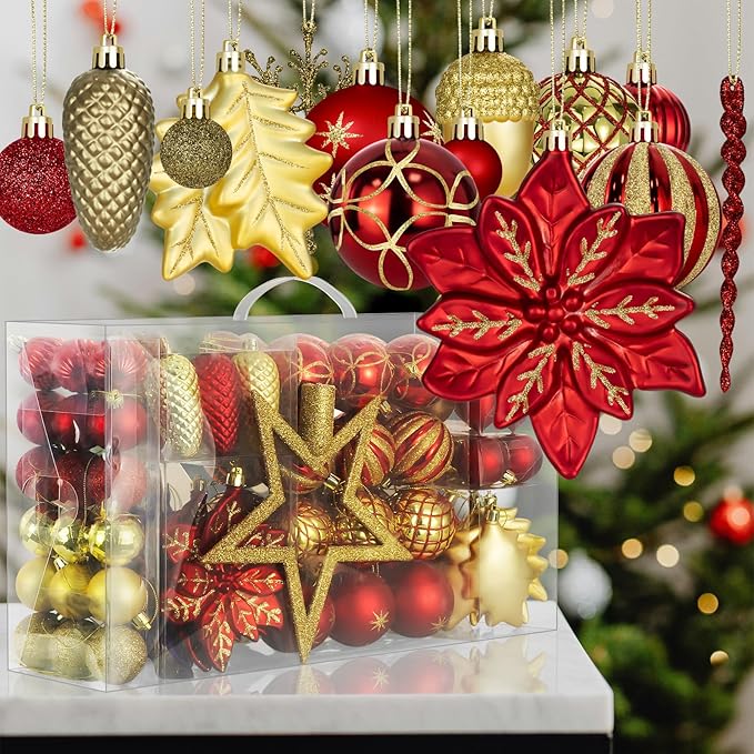 LARAINE Christmas Balls Ornaments 106 Pcs Decorations for Christmas Tree, Shatterproof Hanging Ball Variety Gift Set of Holiday Party Wedding Decoration (Red&Gold)