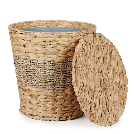 YANGQIHOME Wicker Trash Can with Lid - Water Hyacinth & Seagrass Garbage Can - Handwoven Wicker Waste Basket for Bathroom, Bedroom, Office, Living Room, Laundry Room - 3.8 Gallon