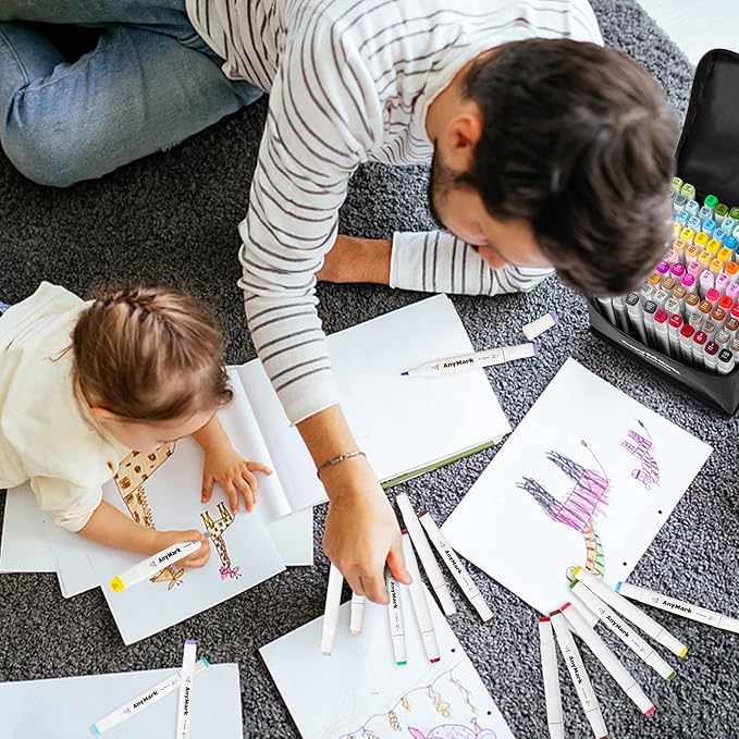 AnyMark Alcohol Markers, 120 Colors Dual Tip Art Coloring Markers Set for Kids Adult Book Drawing Sketching Painting, Chisel & Fine, White Penholder