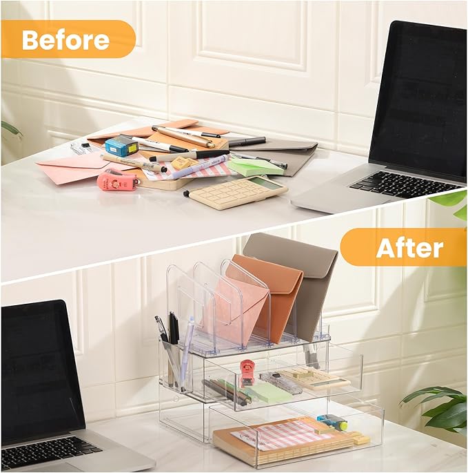 Acrylic Desk Organizer Set, 2 Pack Stackable Drawer Organizer with 4 Vertical File Sorter and 2 Pen Holders, Desktop Storage for Files, Letter, Documents, Office Supplies, Desk Accessories