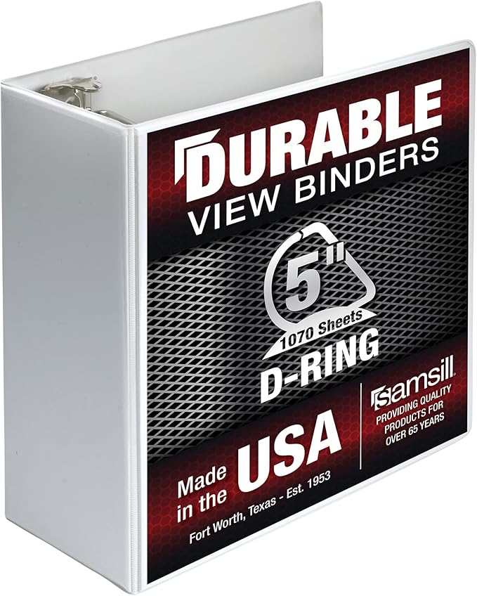Samsill Durable 5 Inch Binder, Made in The USA, D Ring Binder, Customizable Clear View Cover, Pearl White, Holds 1050 Pages