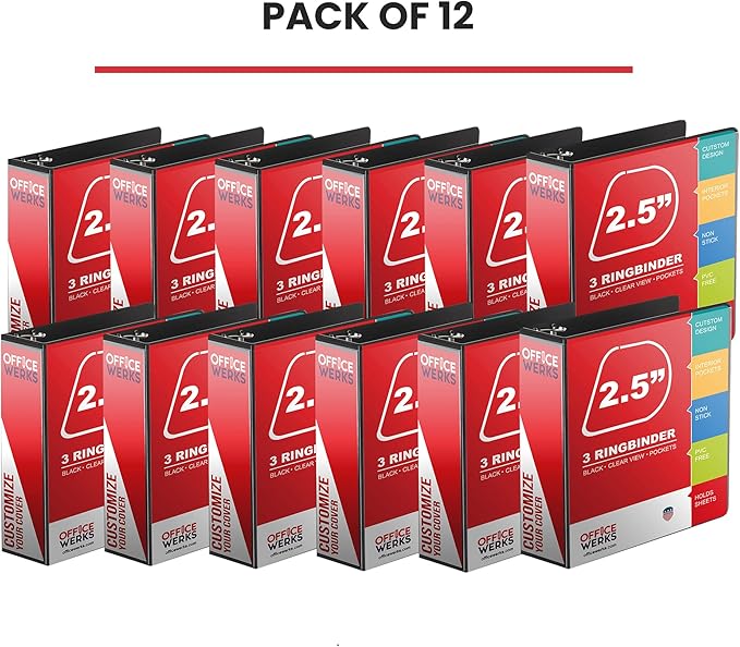 12 Pack of 2.5 Inch 3 Ring Binder with Locking Angle D Rings, Professional Heavy Duty Large Storage Binder with Pockets, Fits 8.5 x 11 Inch Sheets, Non-Stick Clear View Cover, Customizable, Black