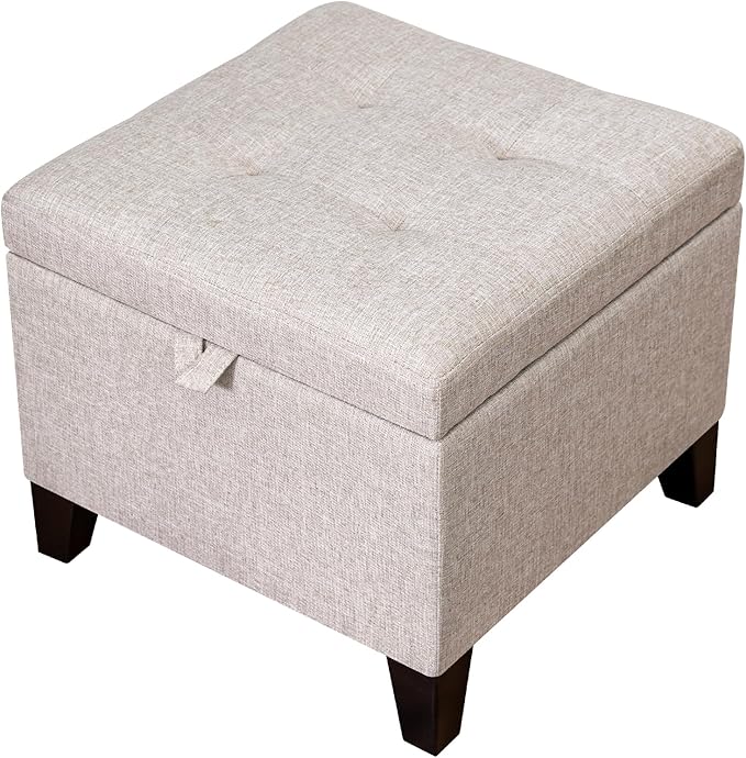 Adeco 18 Inch High Cube Ottoman Storage, Linen Chair Foot Stools, Upholstered Vanity Stool with Hinged Lid, Solid Wood Legs (Beige Grey)