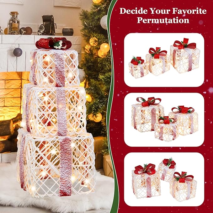 Tangkula Set of 3 Lighted Box, Pre-lit Present Boxes with 100 Warm White Lights, Exquisite Patterns, Bows, Ground Stakes, Indoor Outdoor Christmas Decoration for Yard Lawn