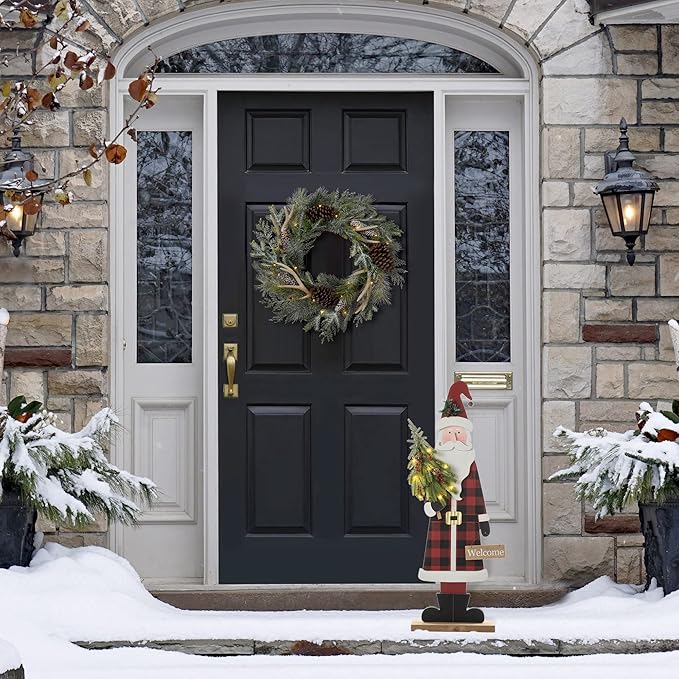 Glitzhome Wooden Christmas Santa Porch Sign Standing Porch Decor, Rustic Lighted Merry Christmas Welcome Sign Holiday Party Outdoor Indoor Xmas Decorations,36" H