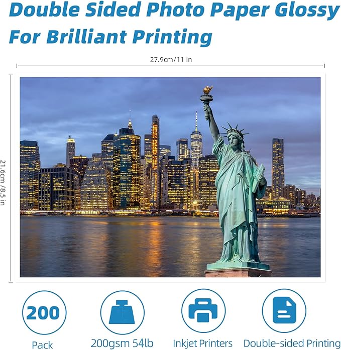 Uinkit 200 Sheets Double Sided Photo Paper Glossy 8.5x11 54lbs Inkjet for Dye Ink 200Gsm Value Bulk Pack Picture 8.5 x 11 9.5Mil for Inkjet Printing Printer (200sheets, 8.5x11)