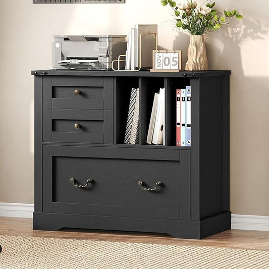 Farmhouse File Cabinet, Lateral Filing Cabinet with 3 Drawers and Folder Organizer, Office Storage Cabinet for A4 Letter Size Files, Printer Stand with Storage for Home Office, Black