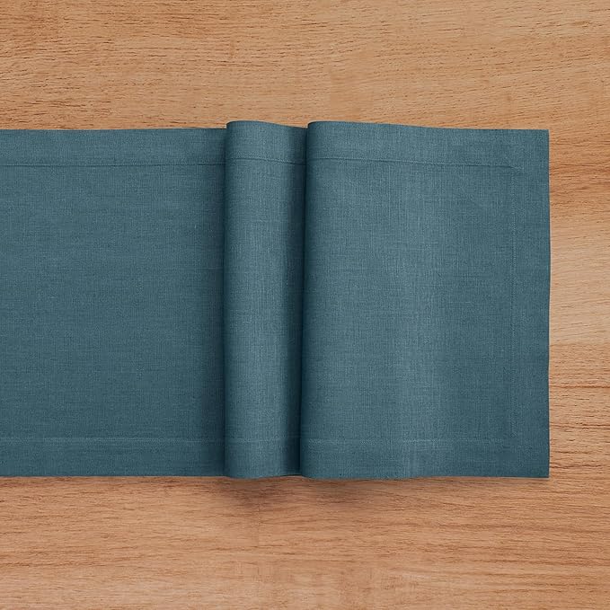 Solino Home Linen Table Runner 120 Inches Long - 100% Pure Linen Peacock Blue Table Runner 14 x 120 Inch - Fete