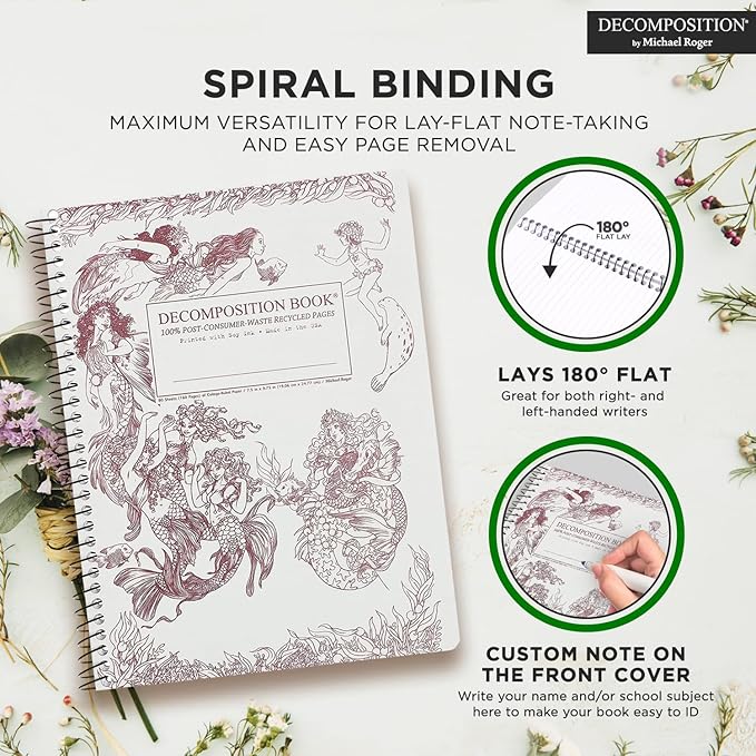Decomposition Mermaids College Ruled Spiral Notebook - 9.75 x 7.5 Journal with 160 Lined Pages - 100% Recycled Paper - Cute Notebooks for School Supplies, Home & Office - Made in USA