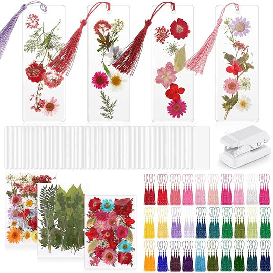 150 Pcs DIY Pressed Dried Flower Bookmark Making Kit, DIY Bookmark Bulk Thanksgiving Teacher Gifts for Reading Women Book Lovers(2 x 6 Inch,Rainbow Color)