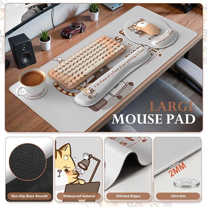 iCasso Desk Mat Set,Large Mouse Pad with Wrist Support,Cute Cat Wrist Support for Keyboard,Non-Slip Computer Mat with Stitched Edges, Anime Desk Cover Protector for Office Home Dorm