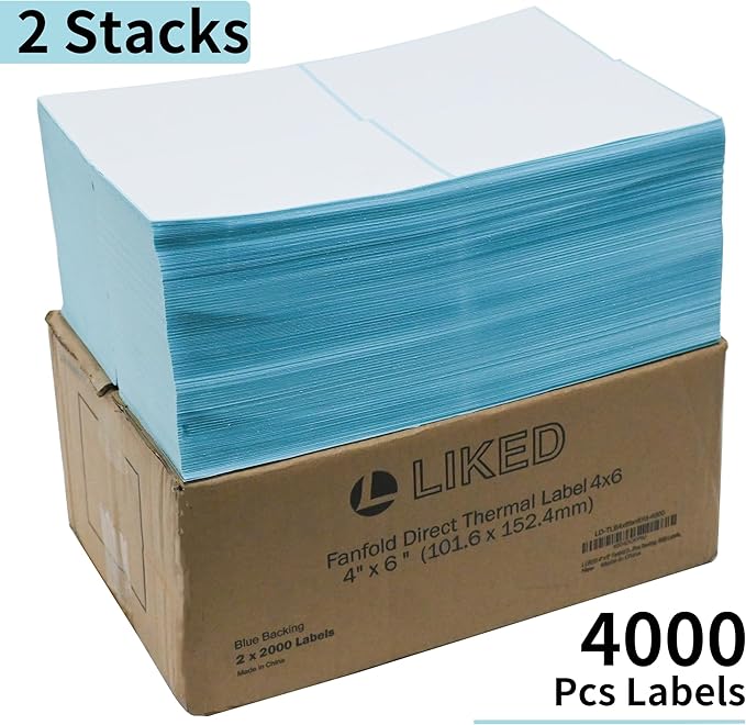 L LIKED 4000 Fanfold 4 x 6 Thermal Labels, with Perforated Line Shipping Labels, Compatible with Zebra & Rollo Printer, Commercial Grade