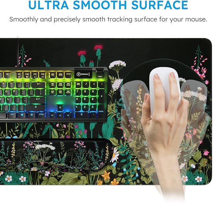 iCasso Large Mouse Pad, Mouse Pad Wrist Support Set,4in1 XXL Large Mousepad + Keyboard Wrist Rest+Mouse Wrist Rest+Coaster Set with Ergonomic Design for Home Office Table Computer-Weeds