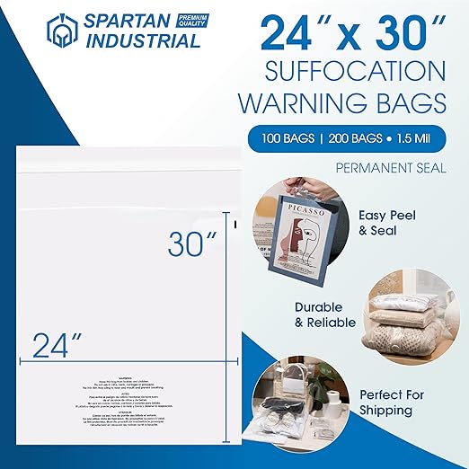 Spartan Industrial - 24" X 30" (100 Count) Self-Seal Clear Poly Bags With Suffocation Warning for Packaging, Shipping, Decor - Permanent Adhesive